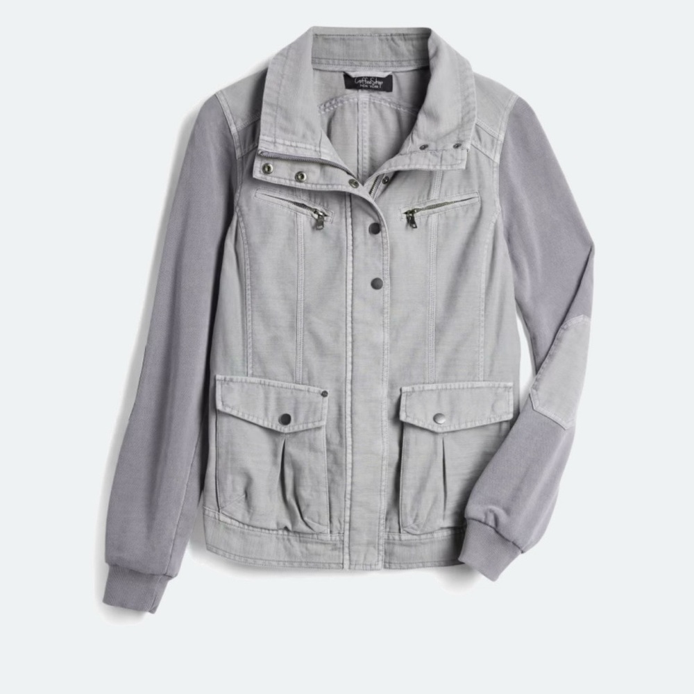 Grey Utility Jacket with Knit Sleeves - Women